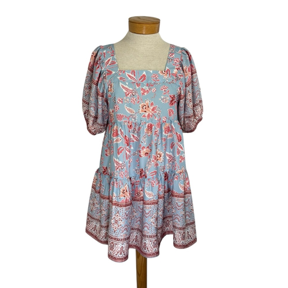 Band of the Free XS Floral Boho Puff Sleeve Babydoll Mini Dress Cottage Pastel